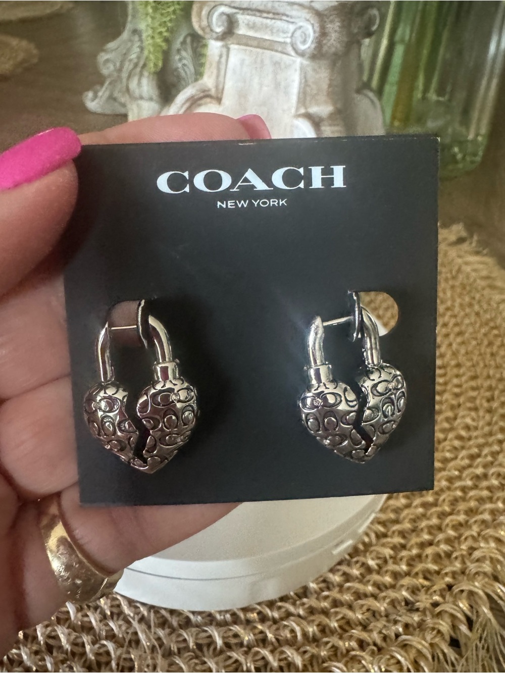 NWT Coach Silver Heart Padlock Dangle Earrings w/ Coach Logo C Accents w/ Dusty - Picture 1 of 4